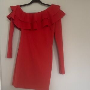 Club L London Red Off-Shoulder Ruffle Mini Dress